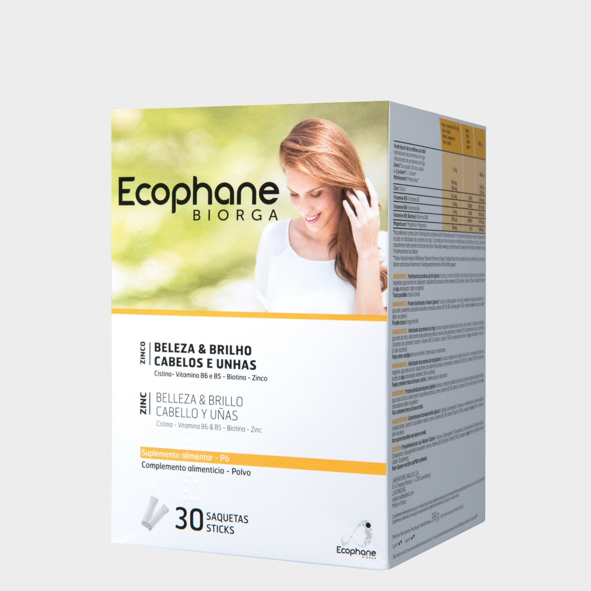 Suplemento Fortificante Cabelo e Unhas Pó Saquetas Ecophane Biorga 30 saquetas