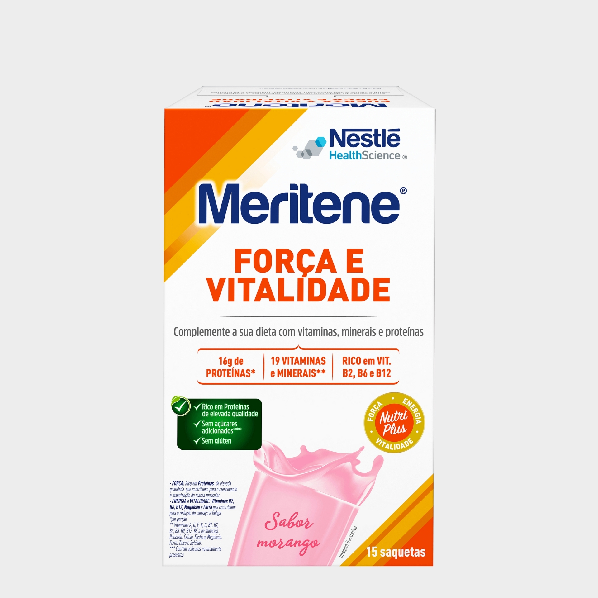 Bebida Solúvel Nestlé Meritene Força e Vitalidade Proteínas Vitaminas Minerais Morango 15x 30 g