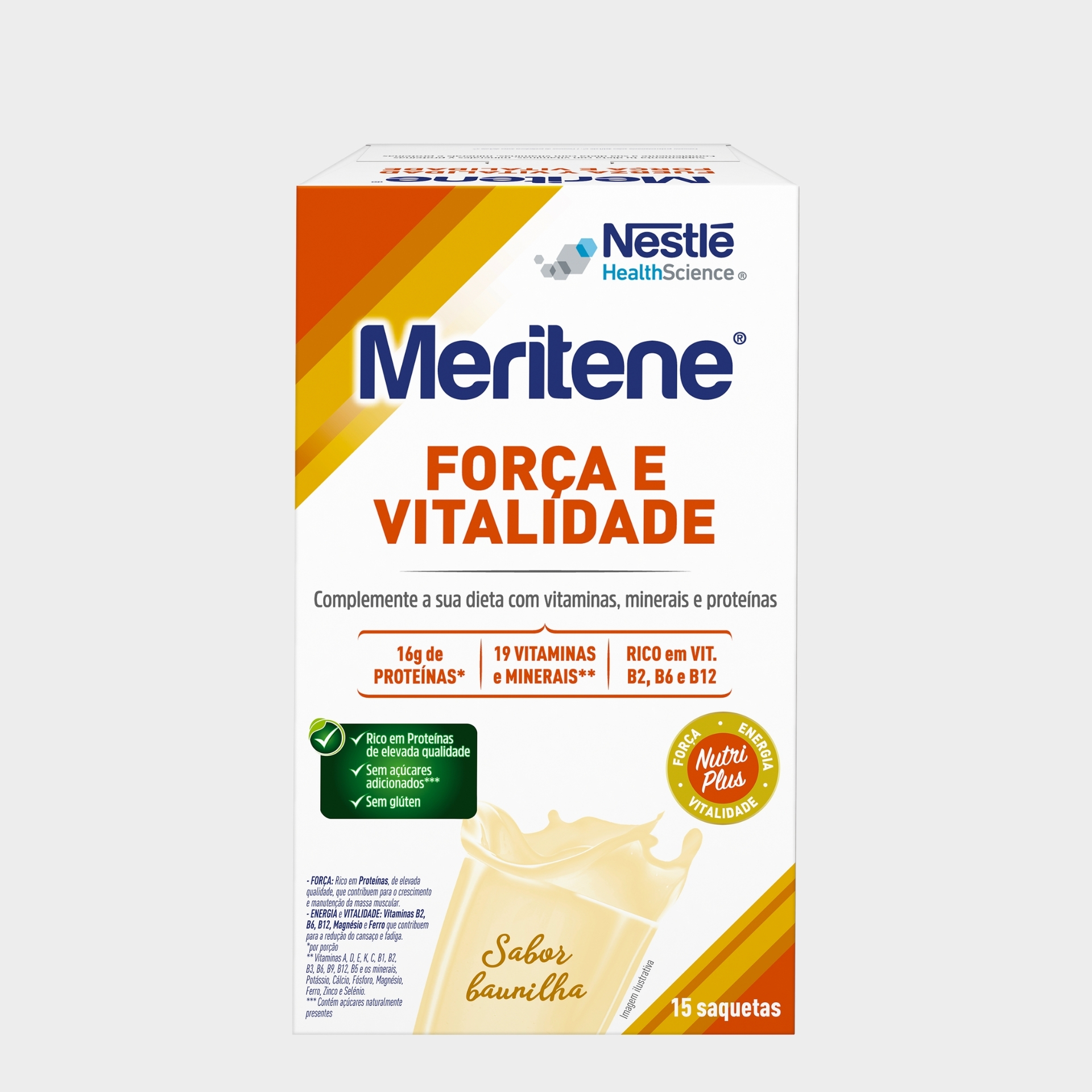 Bebida Solúvel Nestlé Meritene Força e Vitalidade Proteínas Vitaminas Minerais Baunilha 15x 30 g