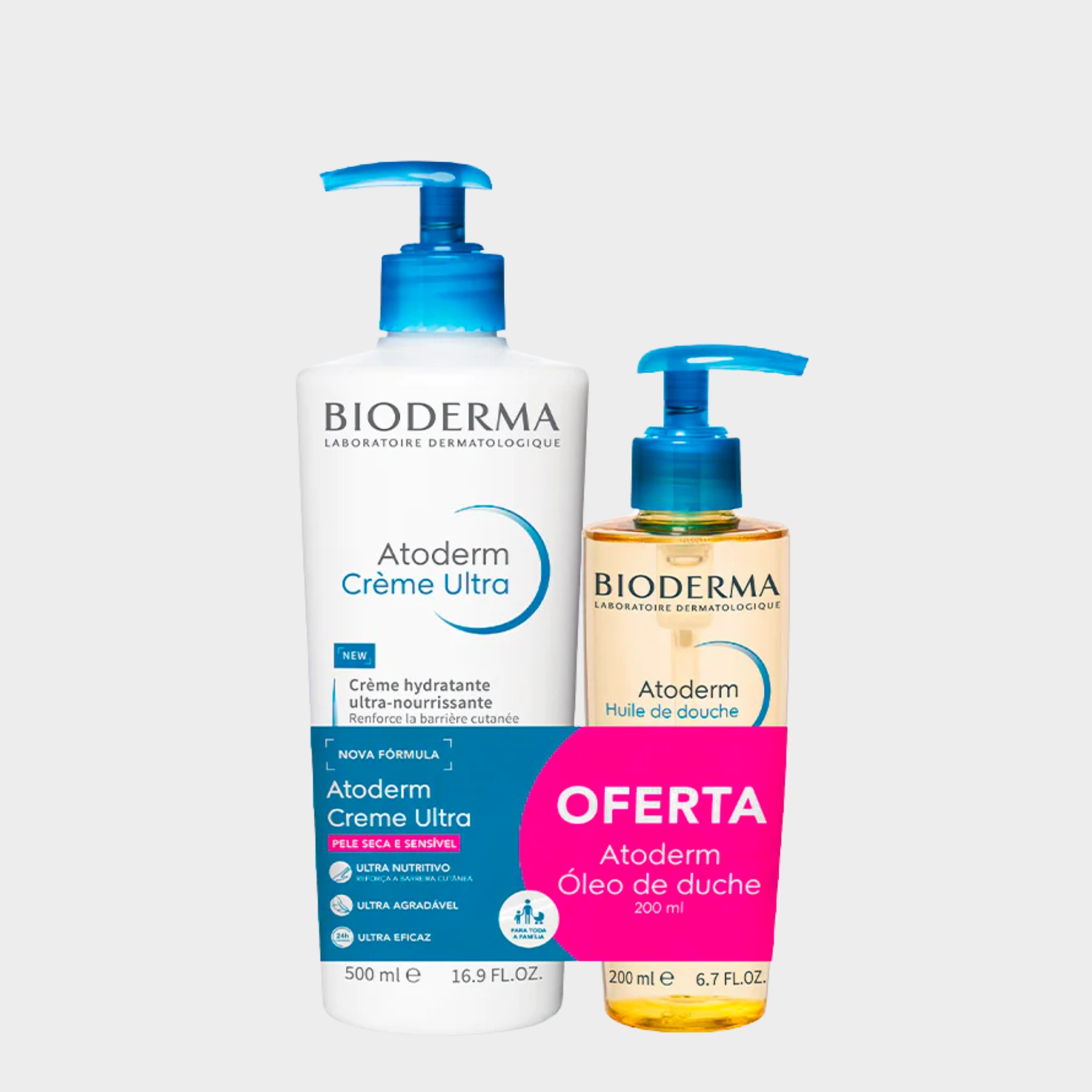 Conjunto Banho Bioderma Atoderm Creme Hidratante Ultra 500 ml + Óleo Duche 200 ml