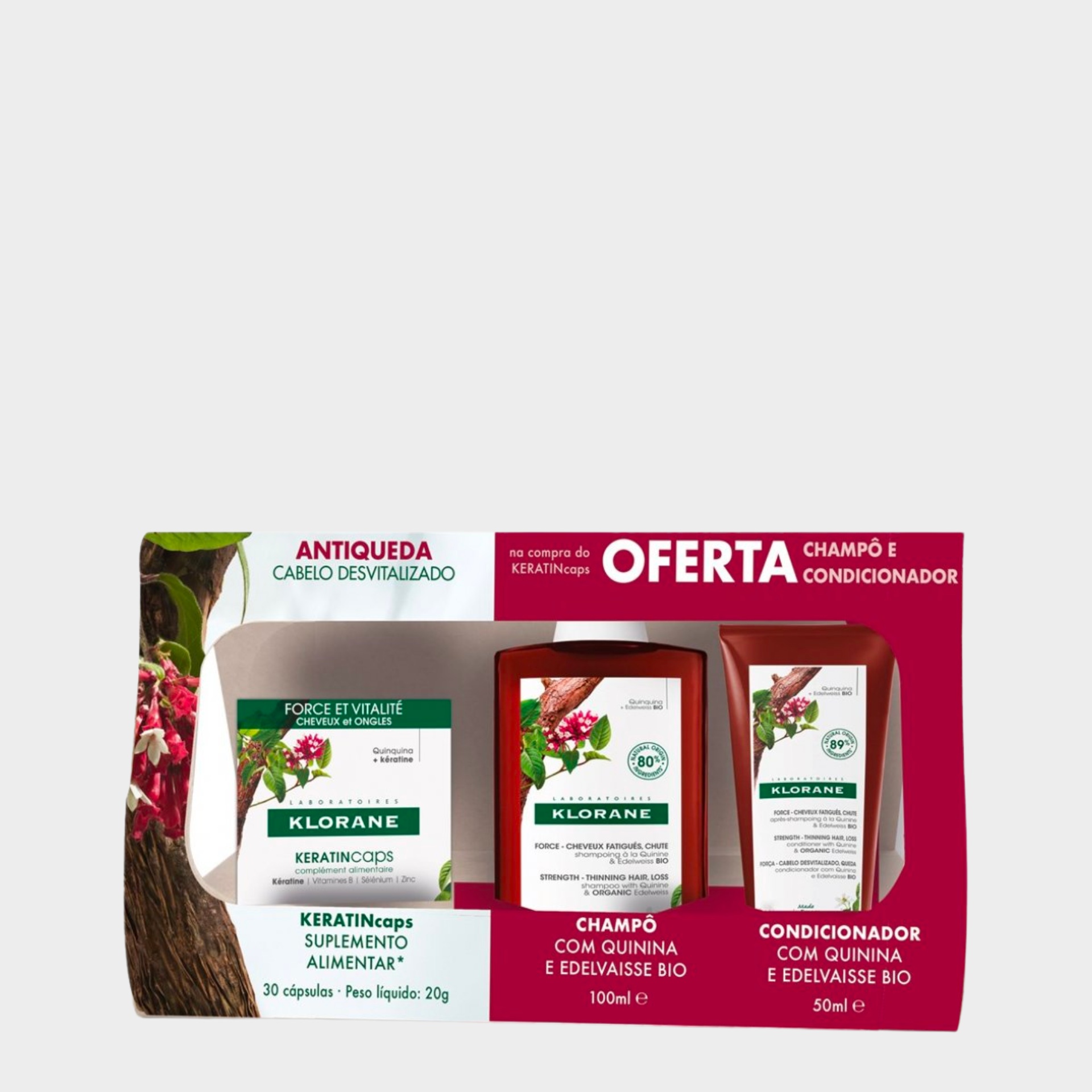 Pack Força Capilar Klorane Cápsulas Keratina 30 un + Oferta Champô 100 ml + Oferta Condicionador 50