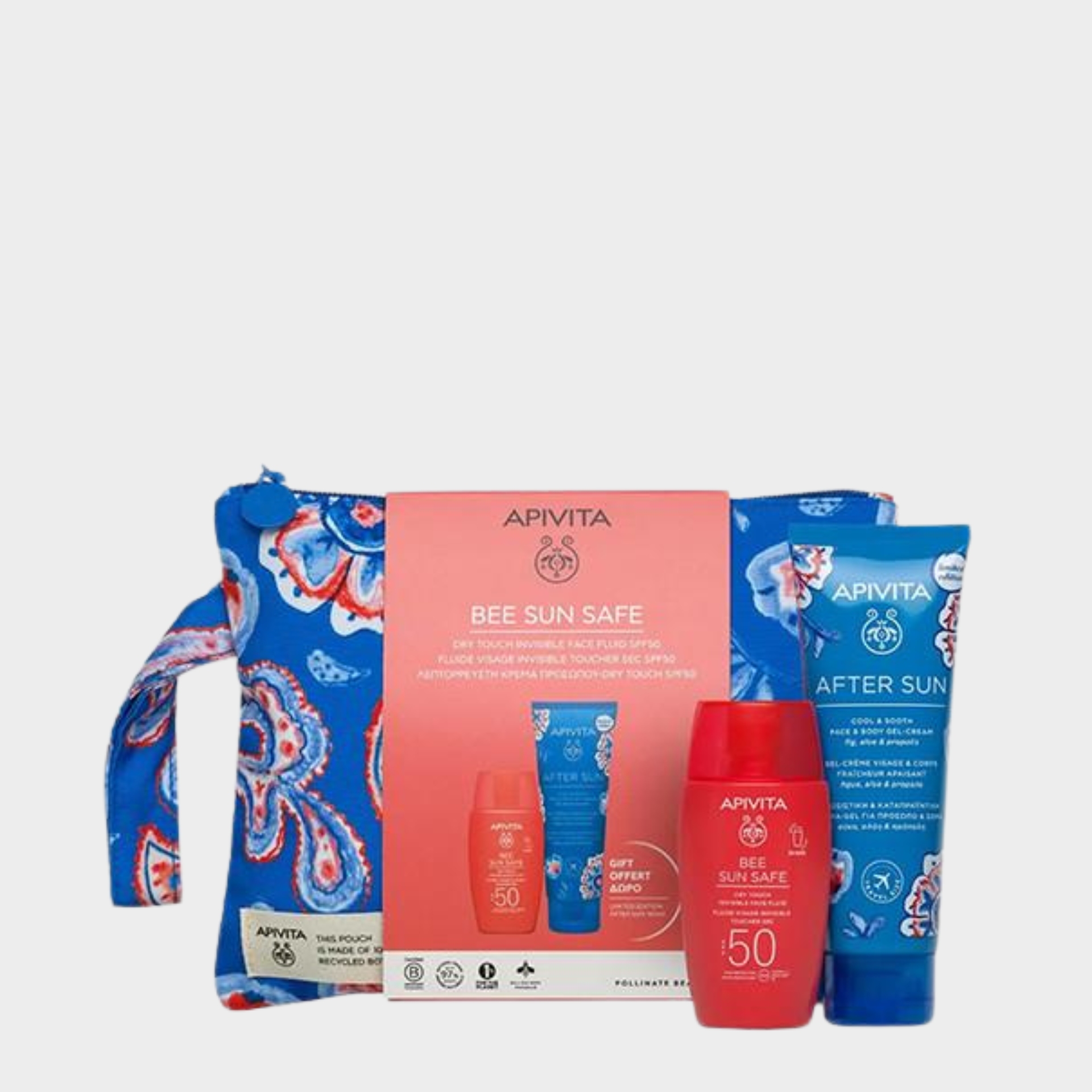 Coffret Sun Safe Apivita Solares Fluído Invisível SPF50 50 ml + Pós-Solar 100 ml + Bolsa 1 un