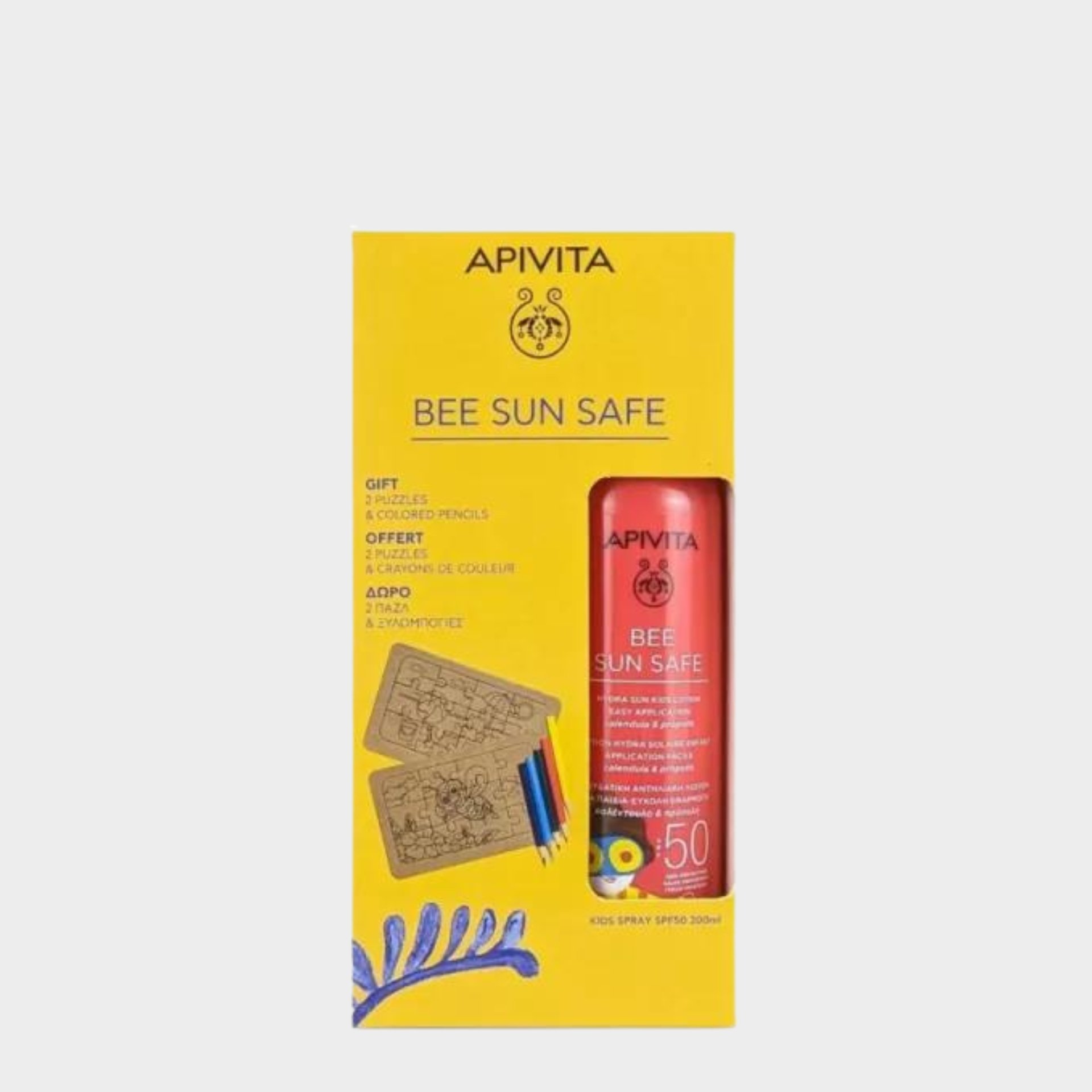 Coffret Apivita Solar Protetor SPF50 Kids Spray 200 ml + Puzzles & Lápis 1 un